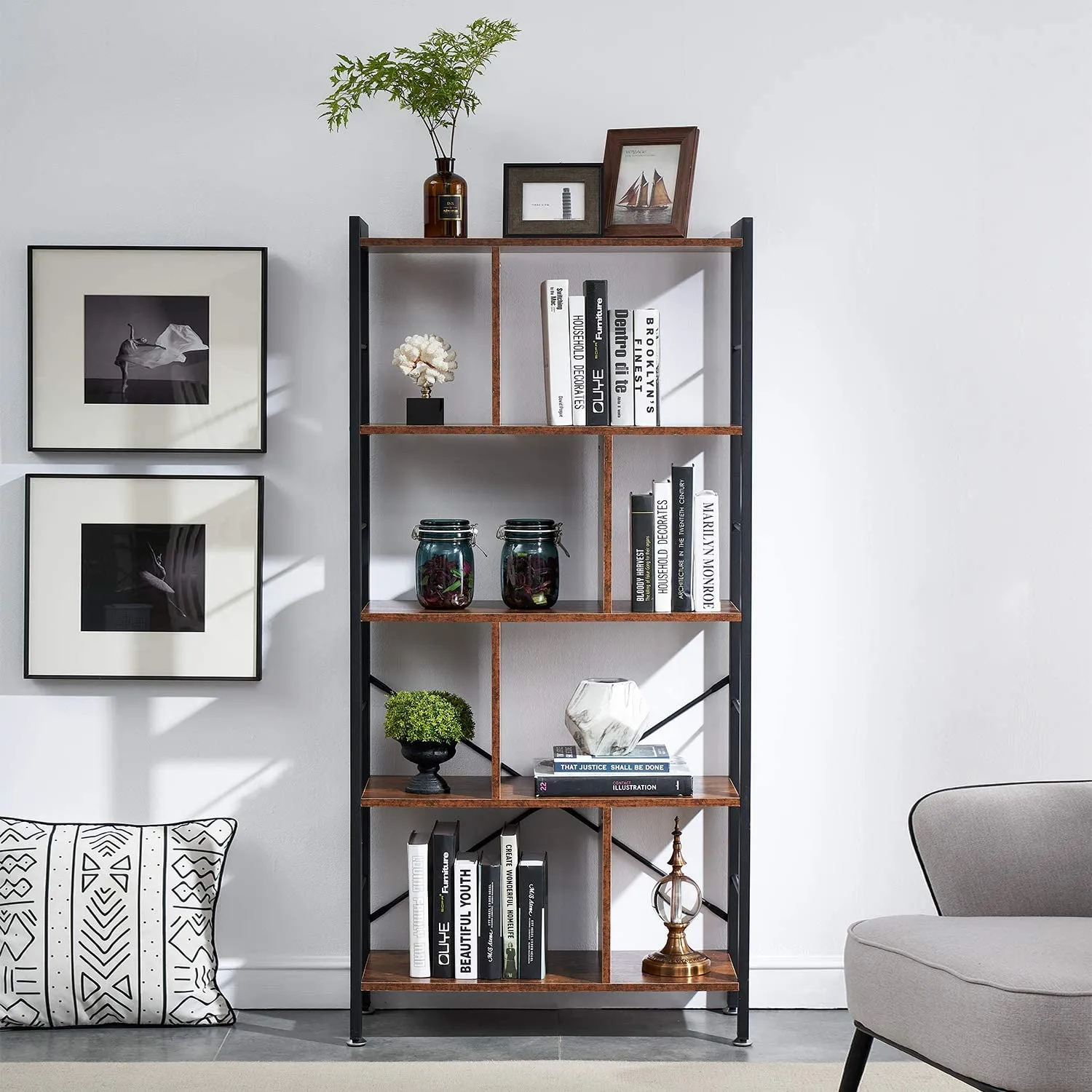 61" Bookshelf 4-Tier Industrial Bookcases/Display Shelf/Floor Standing Storage Rack/Cabinet
