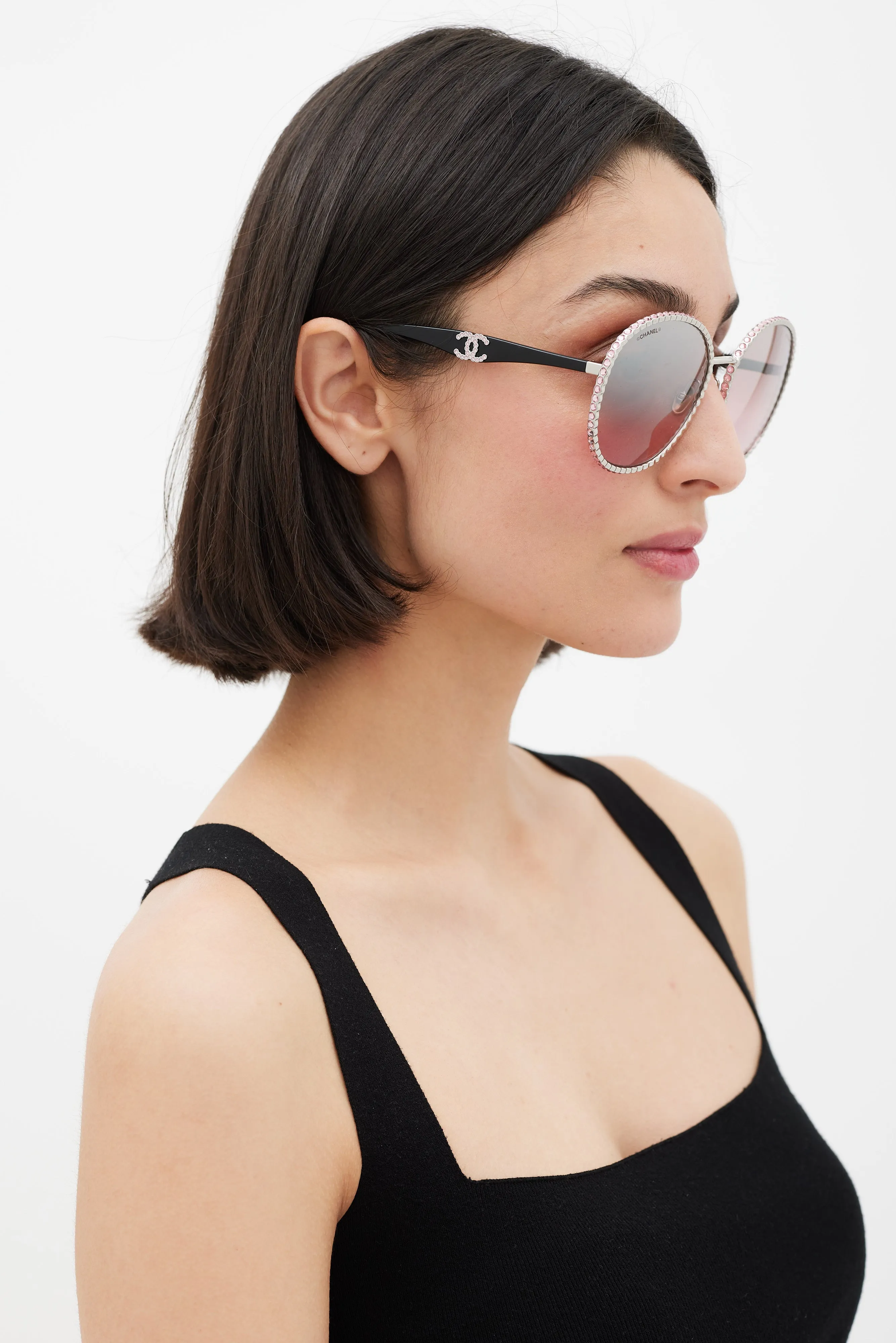 71430 Pink Lens Metal Strass Round Sunglasses