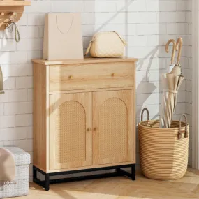 Accent Floor Storage Cabinet with Rattan Doors and Drawer-Natural