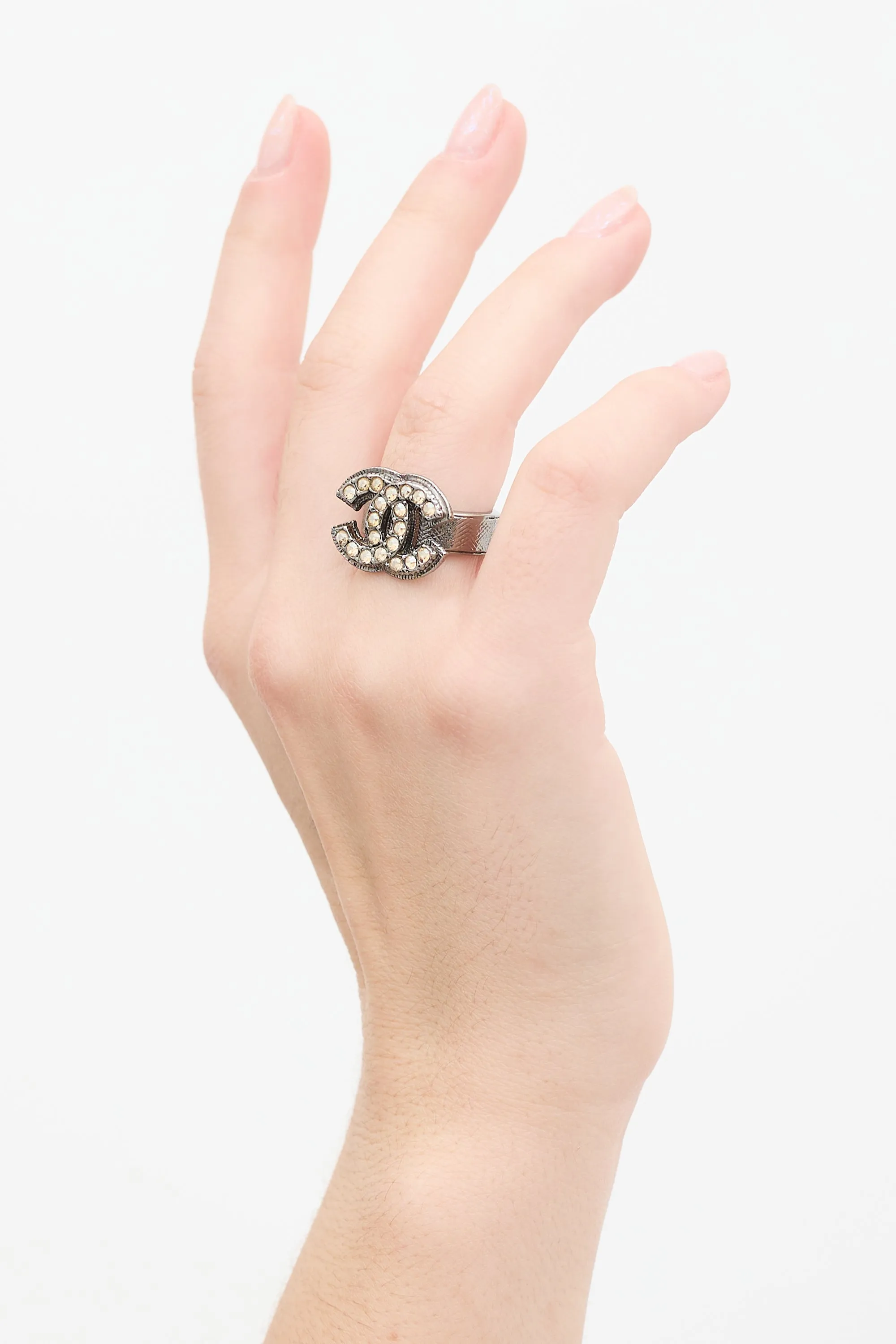 Aged Silver Crystal CC Ring