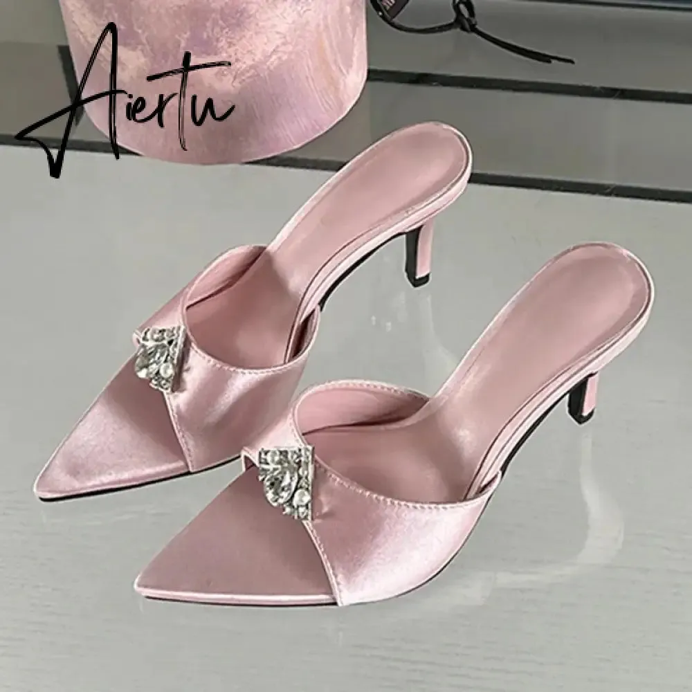 Aiertu 2024 New CRYSTAL Sandals Pointed High Heel Slippers Elegant and Comfortable Summer Slim Heel Slippers Party Mules Shoes
