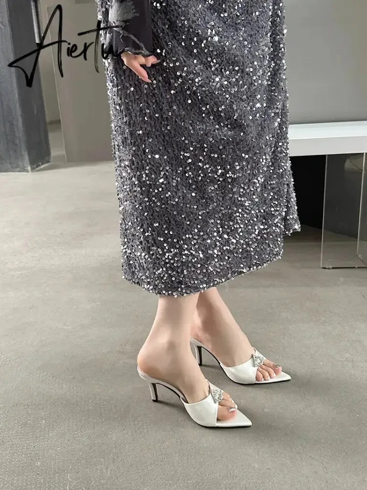 Aiertu 2024 New CRYSTAL Sandals Pointed High Heel Slippers Elegant and Comfortable Summer Slim Heel Slippers Party Mules Shoes