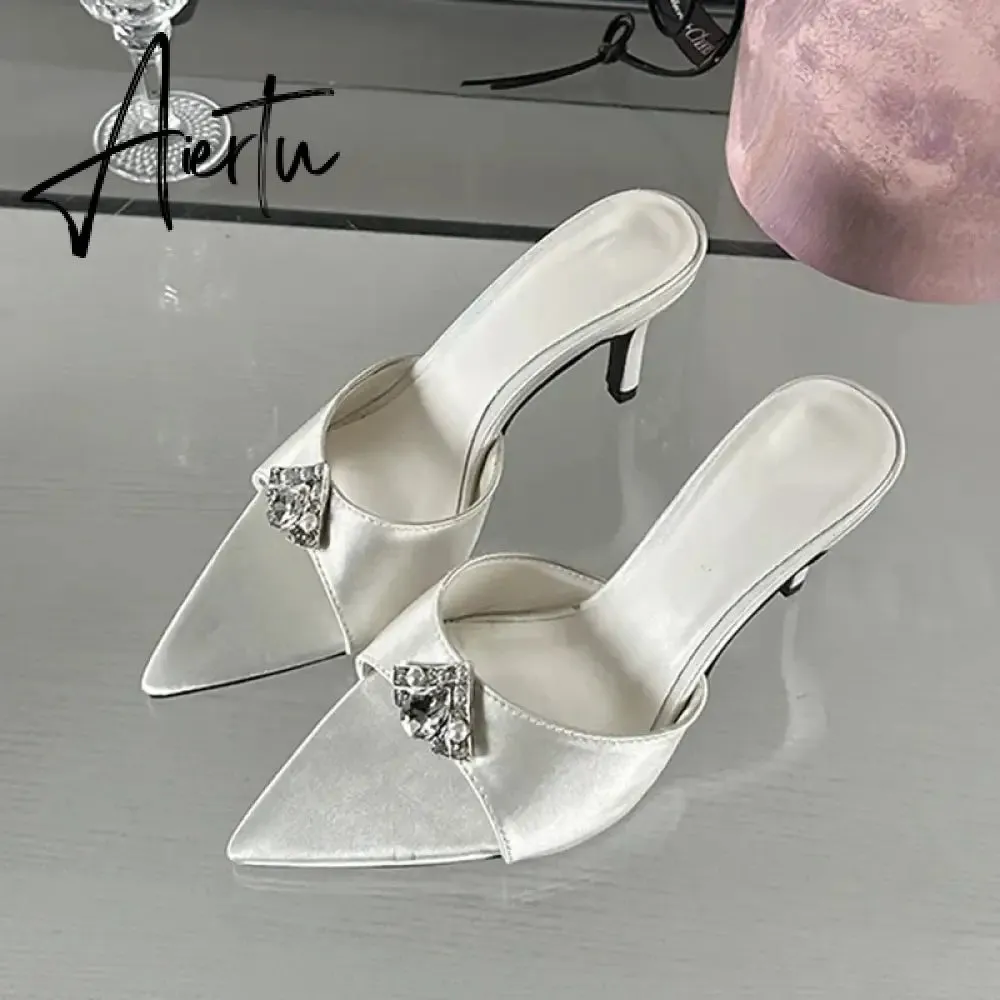 Aiertu 2024 New CRYSTAL Sandals Pointed High Heel Slippers Elegant and Comfortable Summer Slim Heel Slippers Party Mules Shoes