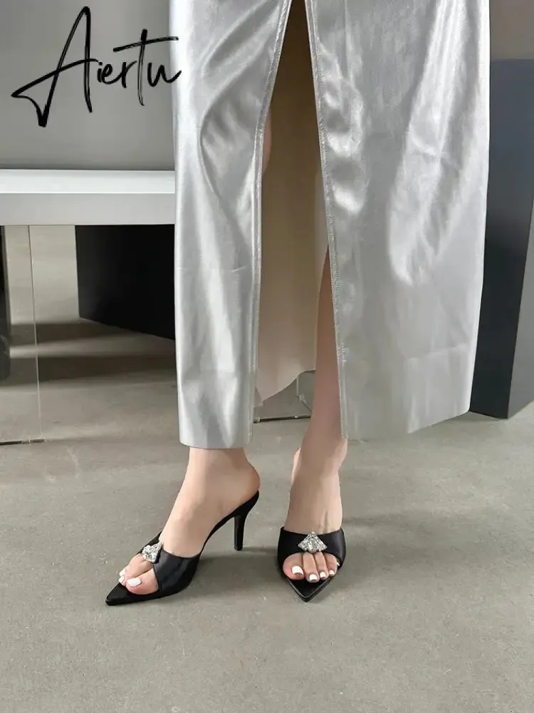 Aiertu 2024 New CRYSTAL Sandals Pointed High Heel Slippers Elegant and Comfortable Summer Slim Heel Slippers Party Mules Shoes