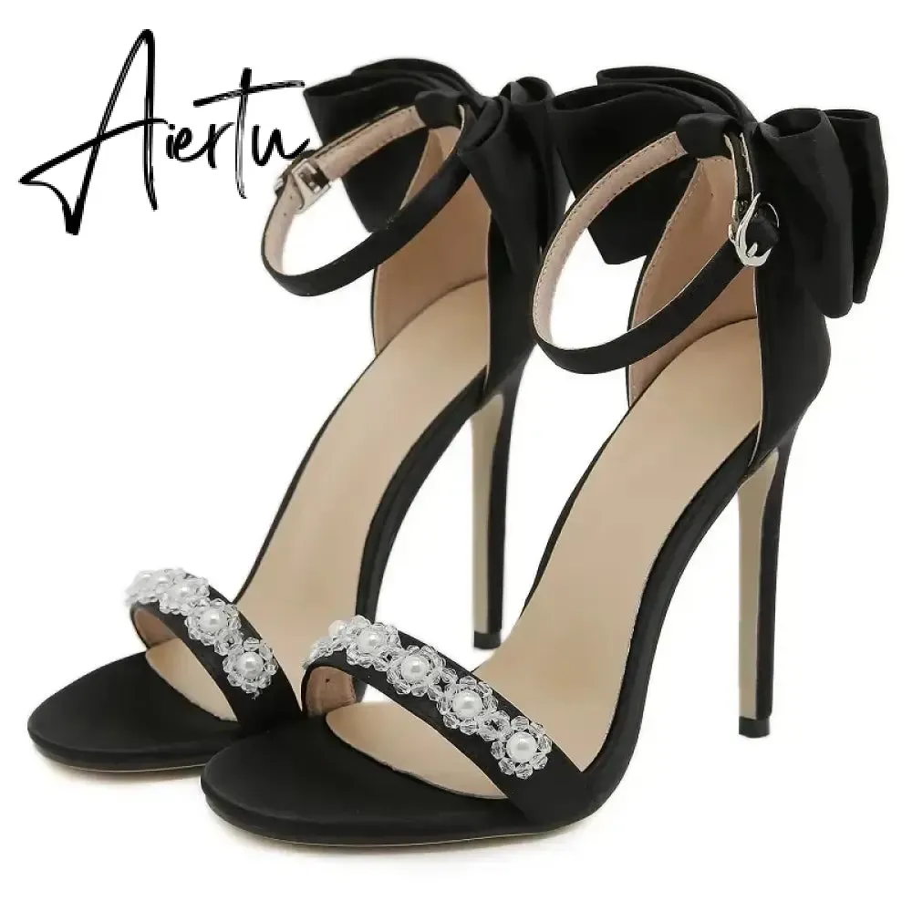 Aiertu  New Fashion Sexy String Bead Thin High Heels Women Sandals Buckle Strap Stripper Wedding Party Ladies Shoes