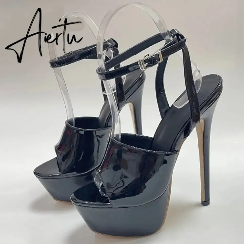 Aiertu Summer 16 CM Super High Heels Sandals Women Platform Pumps Fashion Open Toe Buckle Strap Ladies Party Stripper Shoes Black