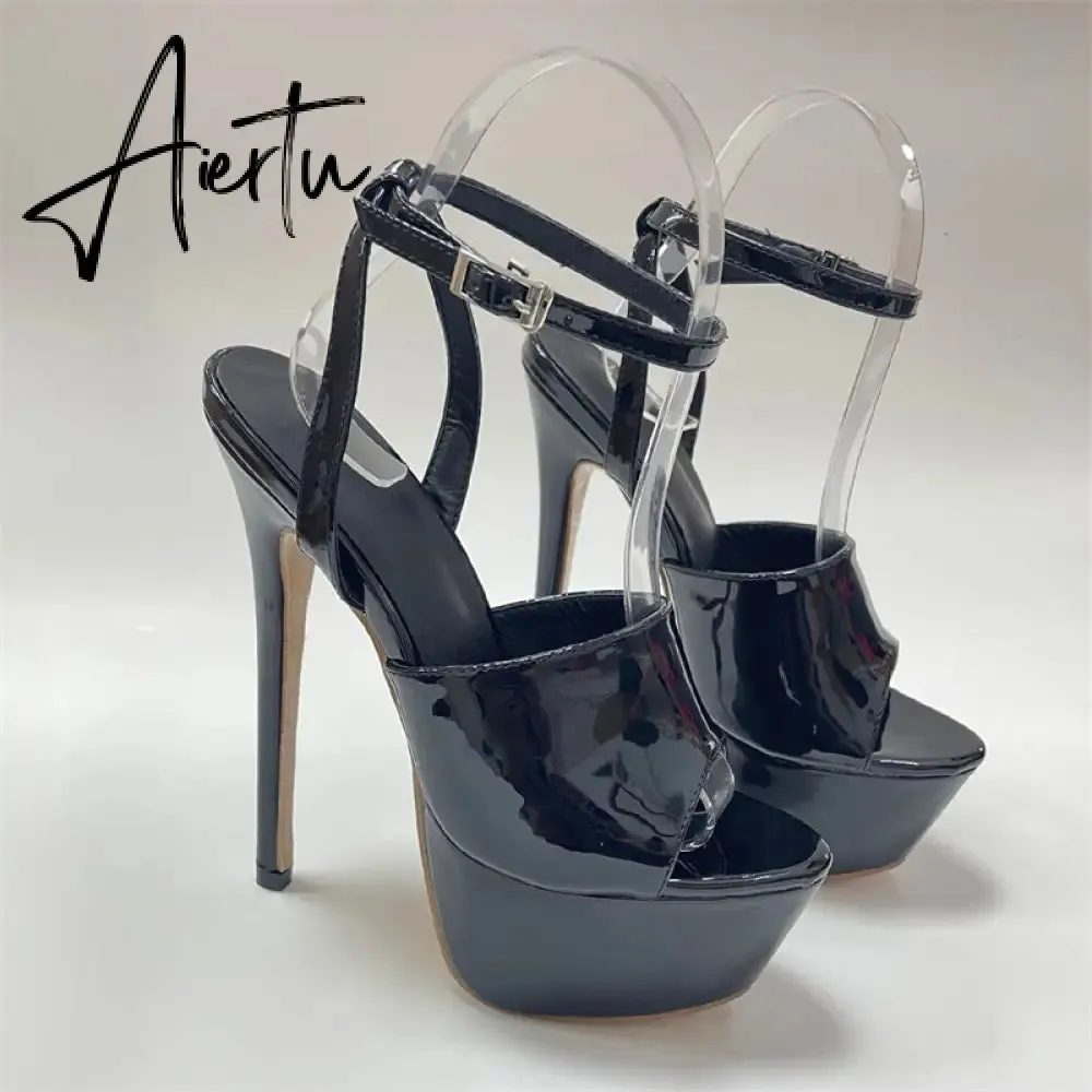 Aiertu Summer 16 CM Super High Heels Sandals Women Platform Pumps Fashion Open Toe Buckle Strap Ladies Party Stripper Shoes Black