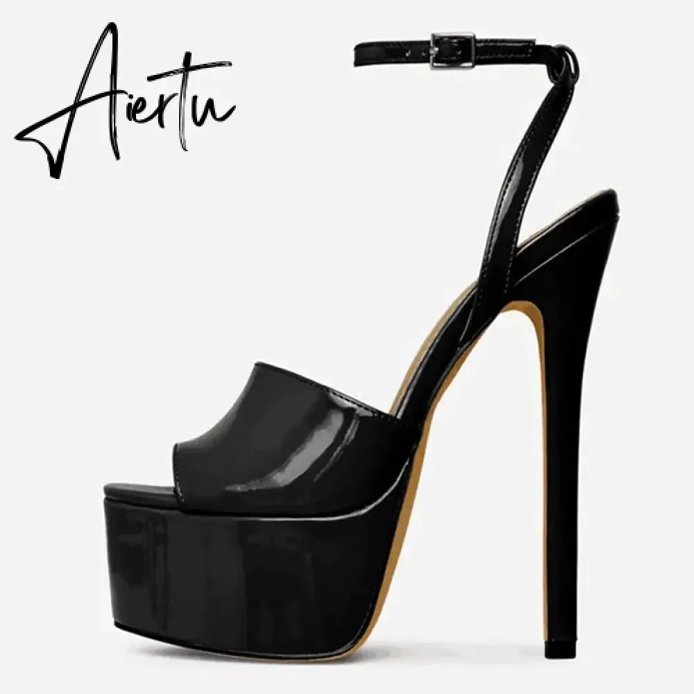 Aiertu Summer 16 CM Super High Heels Sandals Women Platform Pumps Fashion Open Toe Buckle Strap Ladies Party Stripper Shoes Black