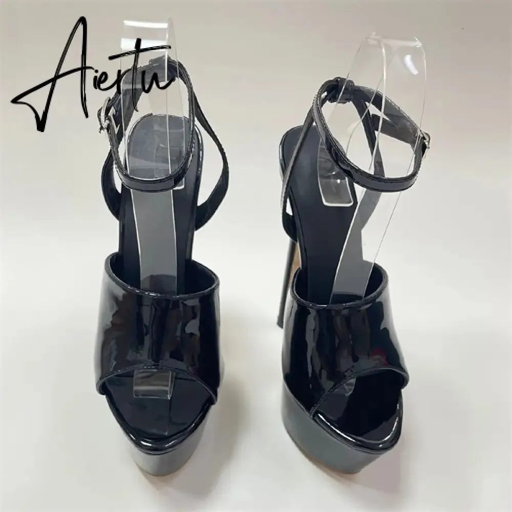 Aiertu Summer 16 CM Super High Heels Sandals Women Platform Pumps Fashion Open Toe Buckle Strap Ladies Party Stripper Shoes Black