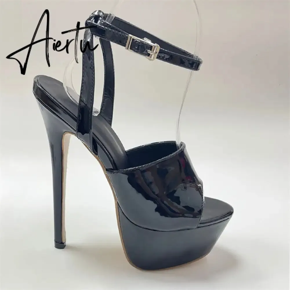 Aiertu Summer 16 CM Super High Heels Sandals Women Platform Pumps Fashion Open Toe Buckle Strap Ladies Party Stripper Shoes Black