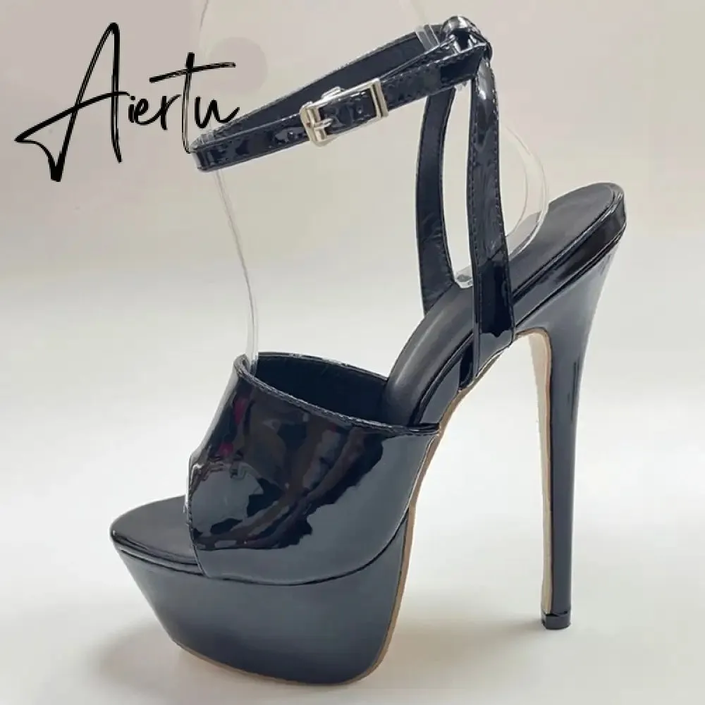Aiertu Summer 16 CM Super High Heels Sandals Women Platform Pumps Fashion Open Toe Buckle Strap Ladies Party Stripper Shoes Black