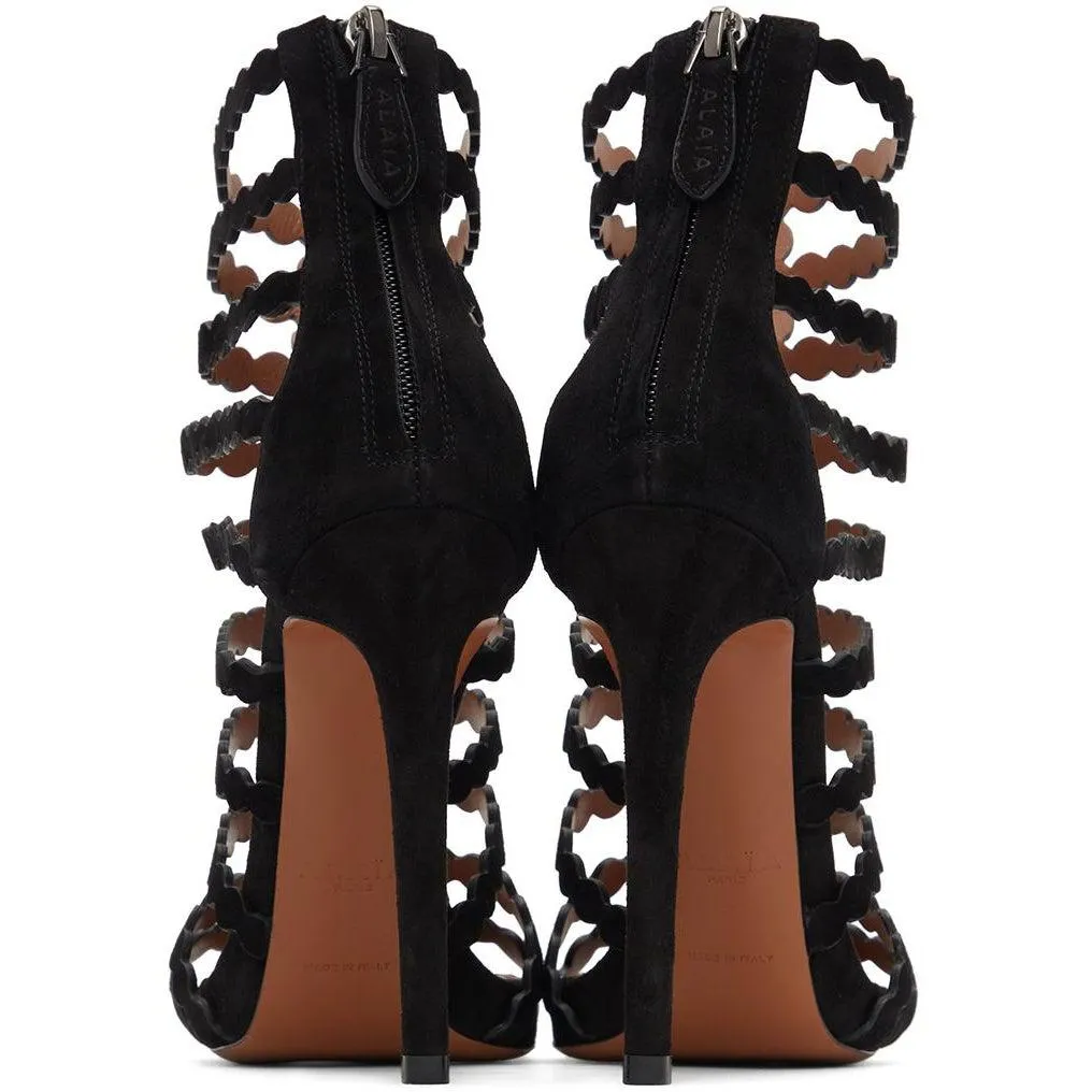 ALAÃA Black Suede Cage Heeled Sandals