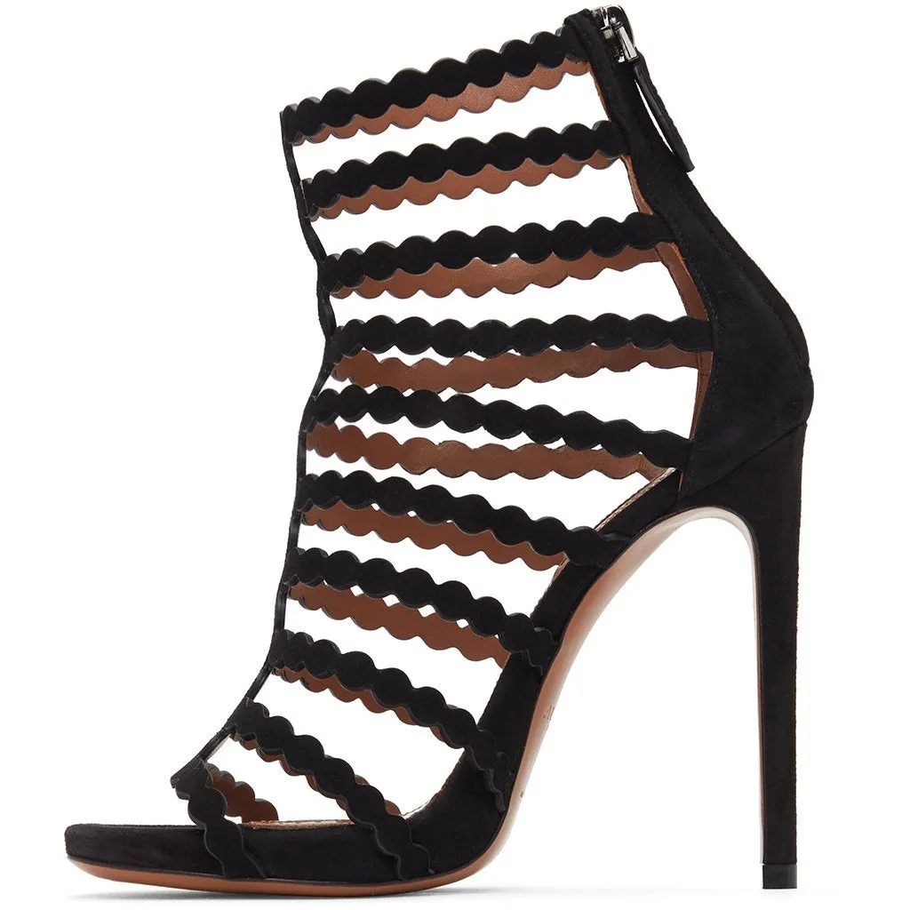 ALAÃA Black Suede Cage Heeled Sandals
