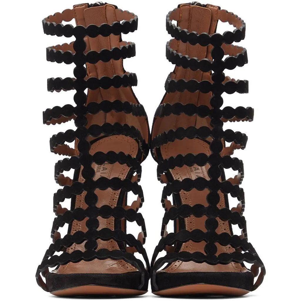 ALAÃA Black Suede Cage Heeled Sandals