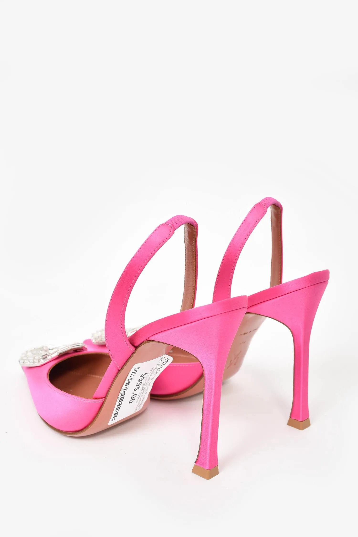 Amina Muaddi Pink Begum Satin Embellished Slingback Heels Size 37.5