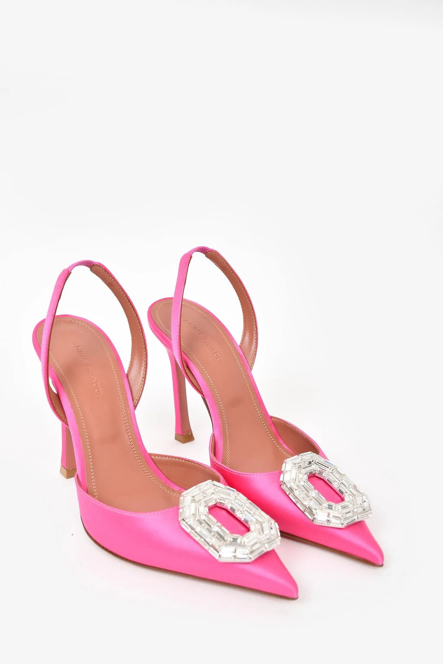 Amina Muaddi Pink Begum Satin Embellished Slingback Heels Size 37.5
