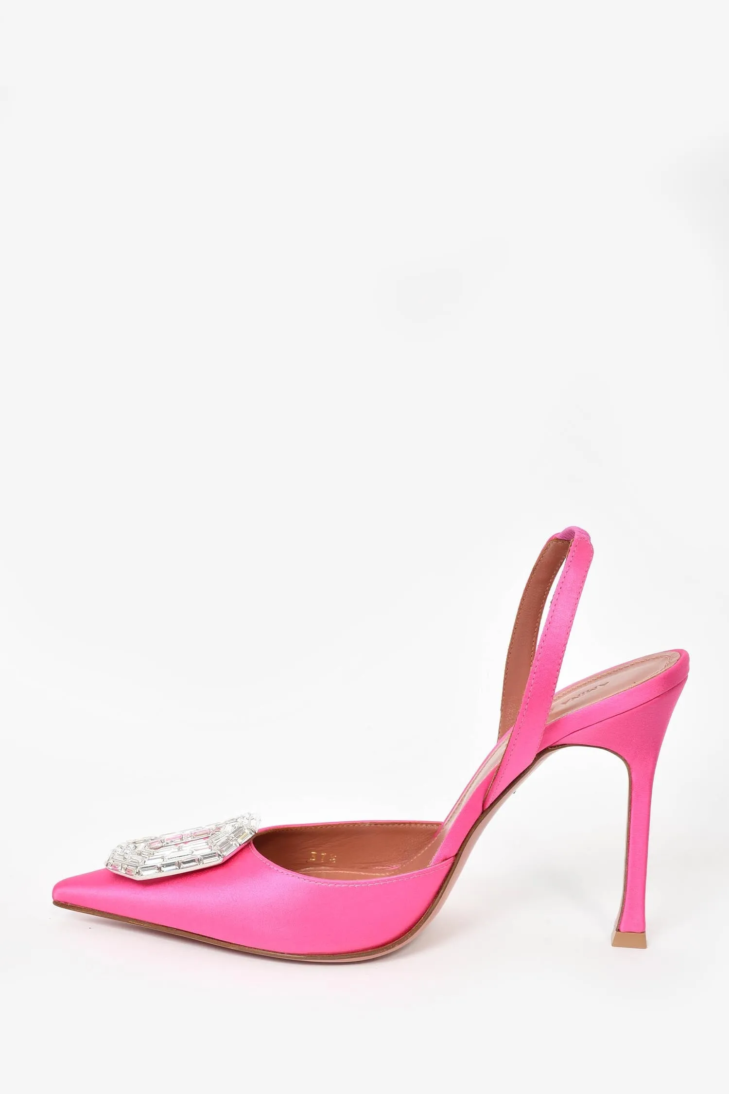 Amina Muaddi Pink Begum Satin Embellished Slingback Heels Size 37.5