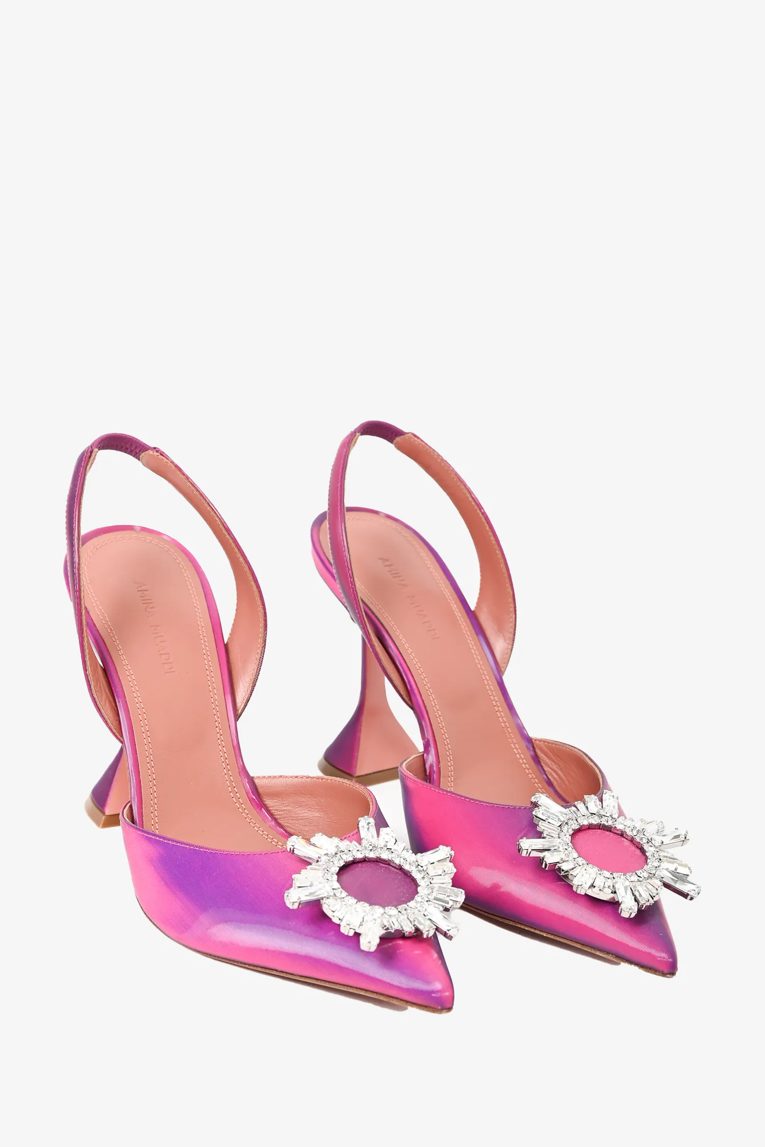 AMINA MUADDI Purple Iridescent Leather Embellished Slingback Heel Size 38.5