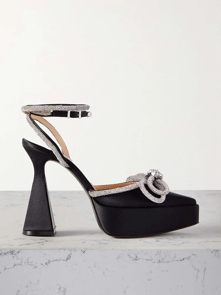 Amozae-Satin Rhinestone Platform Bow Heels