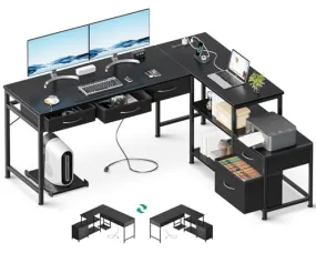 AODK L Shaped Computer Desk with Fabric Drawers and File Cabinet, 53" Reversible Home Office Workstation Desk with Power Outlets & Host Stand, Corner Gaming Table with Storage Shelves, Black