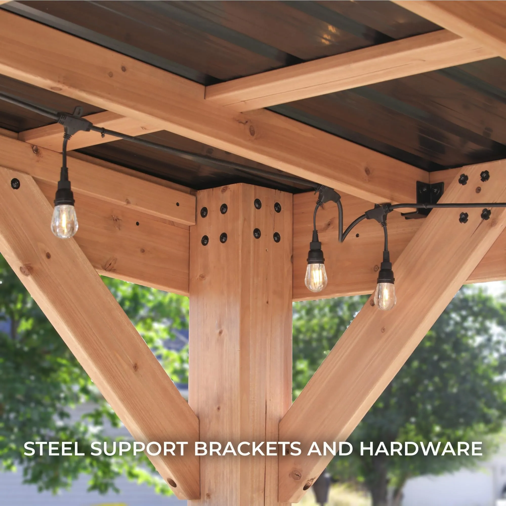 Backyard Discovery Arcadia 24' x 12' Cedar Wood Outdoor Gazebo Pavilion with Hardtop Steel Metal Slope Roof, Snow Load Support, Wind Resistance, PowerPort, Expansive Design for Garden, Patio, or Deck
