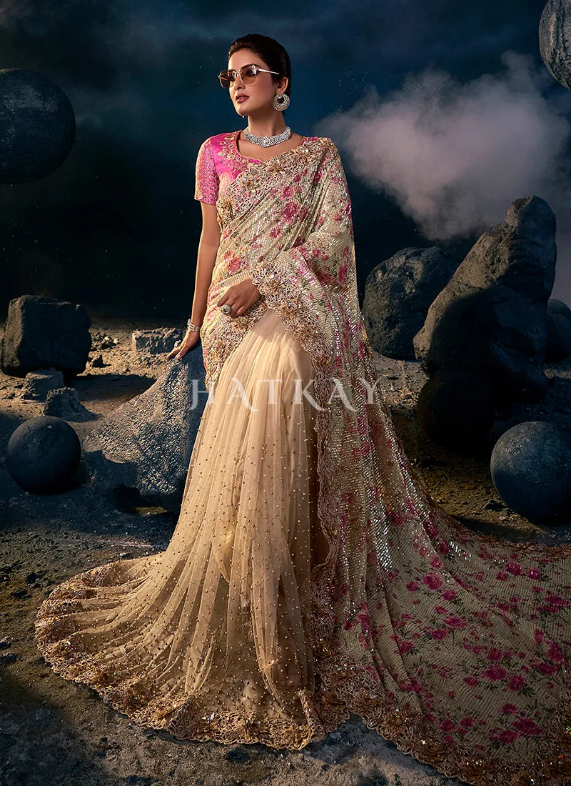Beige Pink Sequence Embroidered Festive Saree