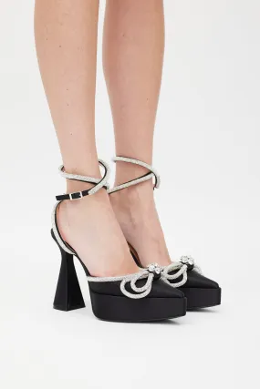 Black & Silver Double Bow Crystal Satin Platform Heel