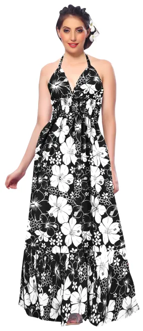 Black Floral Print Halter Neck Long  Dress For Women