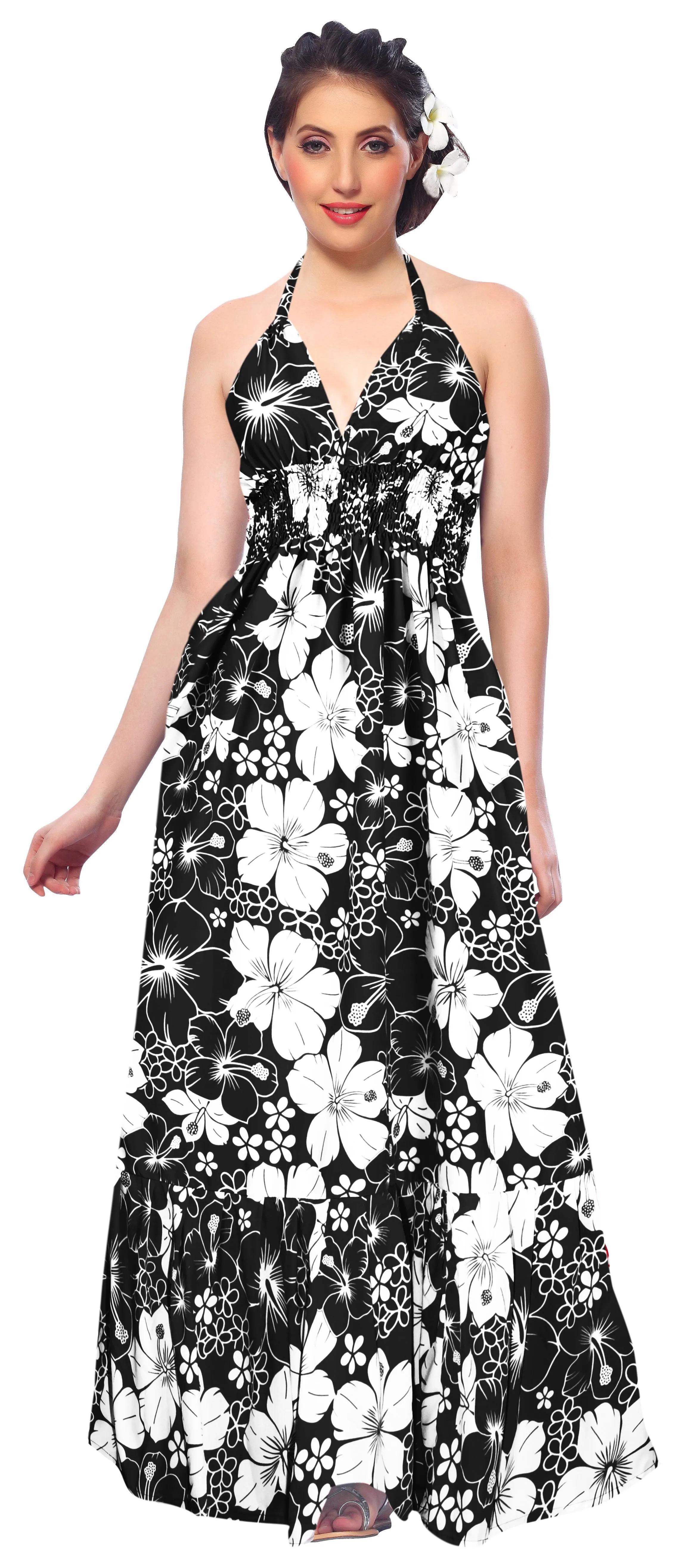 Black Floral Print Halter Neck Long  Dress For Women