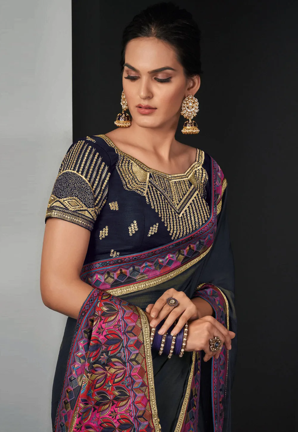Black Multi Coloured Party Wear Silk Saree