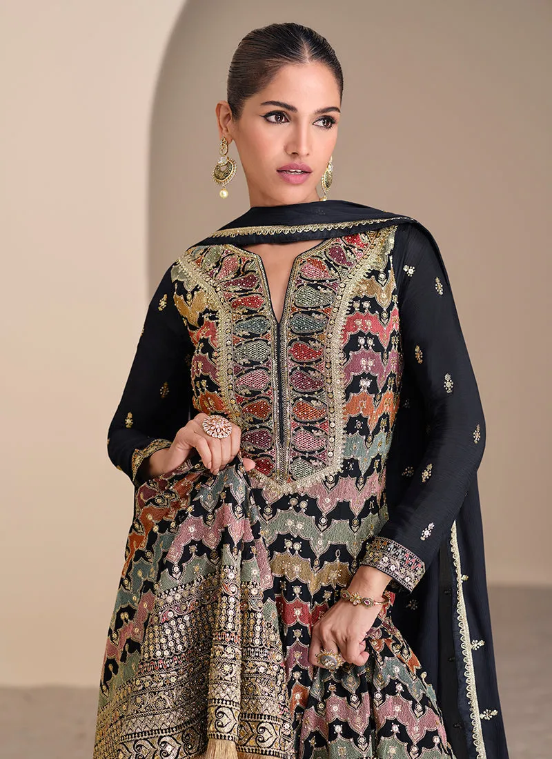 Black Multi Embroidery Sharara Style Suit