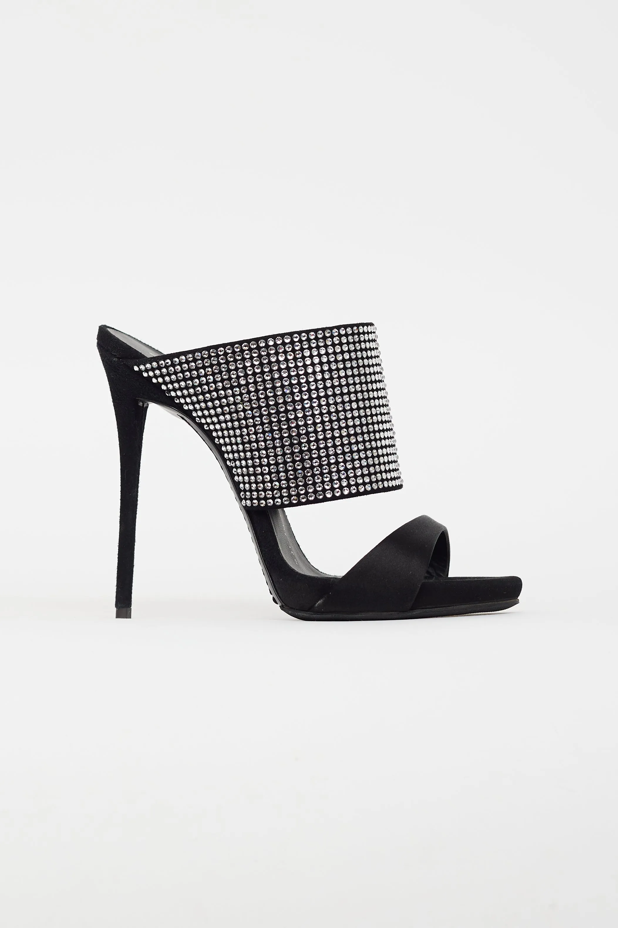 Black Satin & Rhinestone Strap Sandal