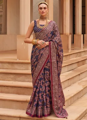 Blue And Pink Crystal Stone Brasso Saree