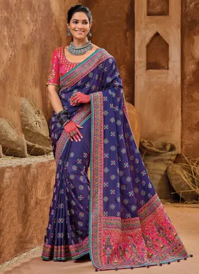 Blue And Pink Multi Embroidery Traditional Silk Saree