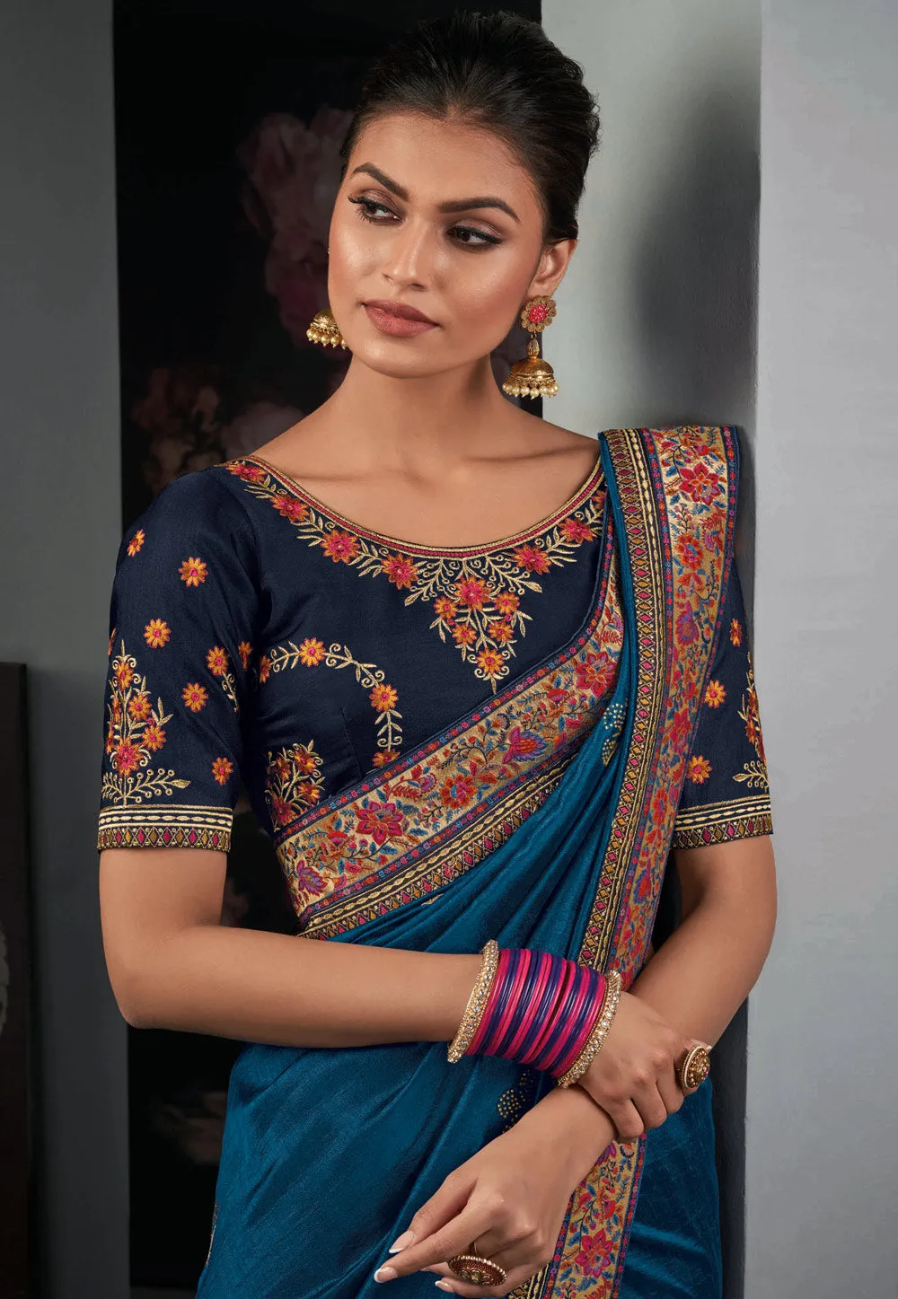 Blue Dual Tone Traditional Embroidered Silk Saree