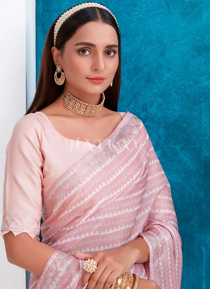 Blush Pink Crystal Stone Work Embroidery Silk Saree