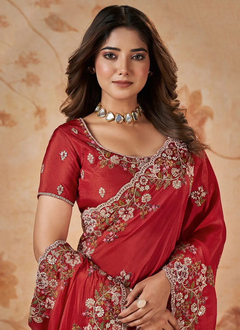 Bridal Red Embroidered Traditional Wedding Saree