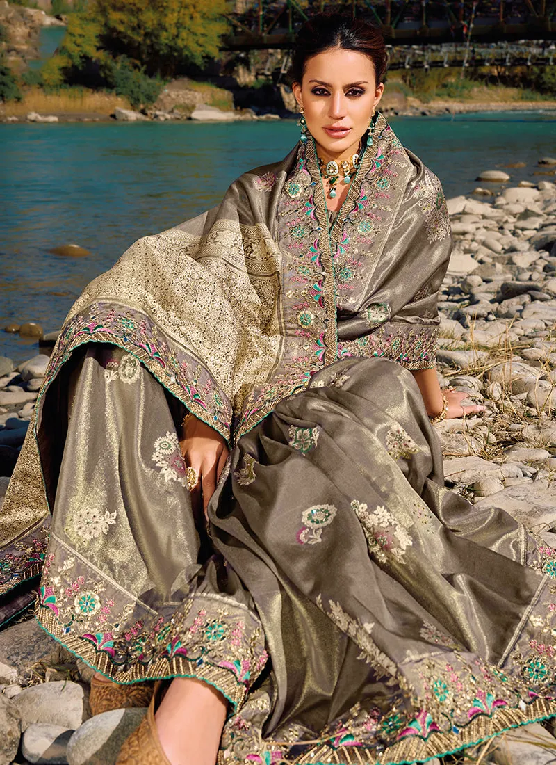Brown Embroidery Banarasi Silk Saree