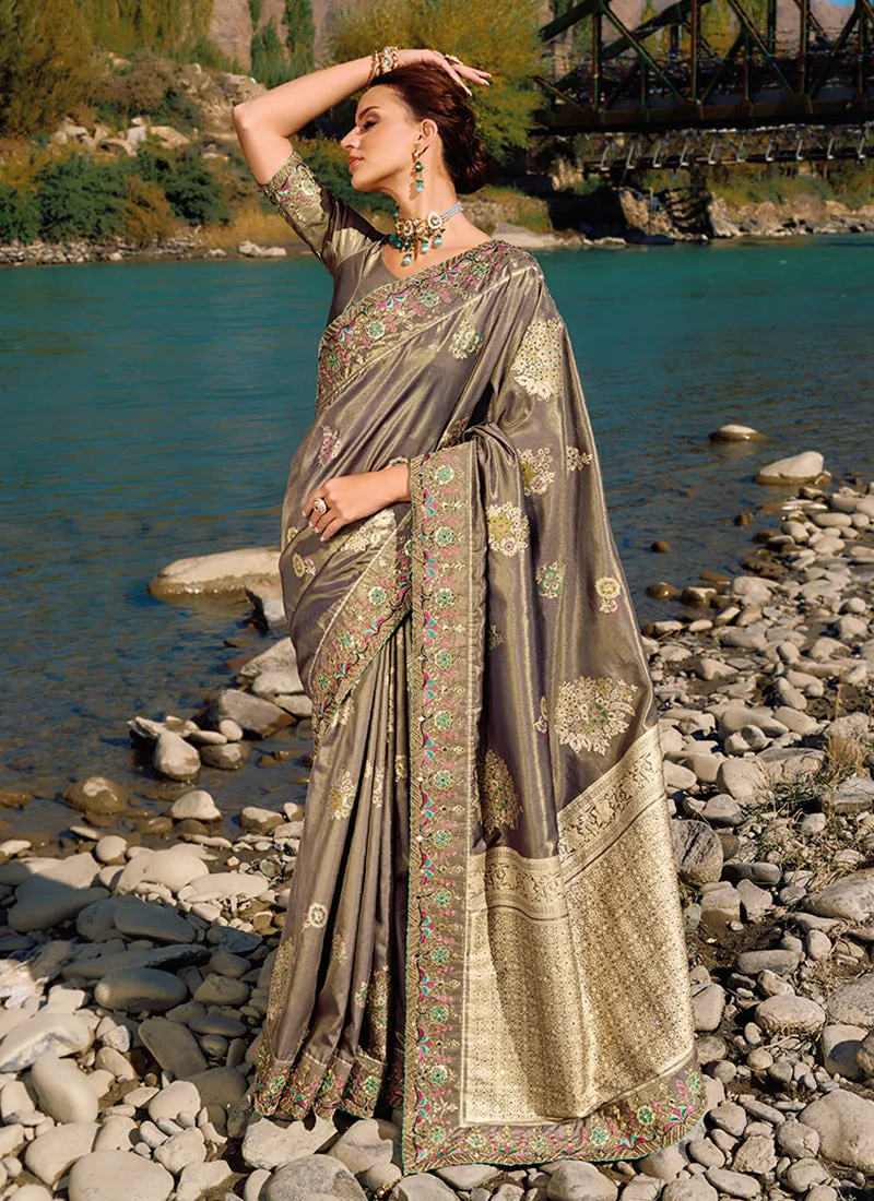 Brown Embroidery Banarasi Silk Saree