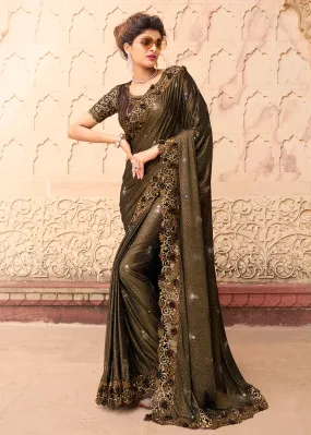 Chocolate Brown Applique Net Designer Bridal Party Wear Saree