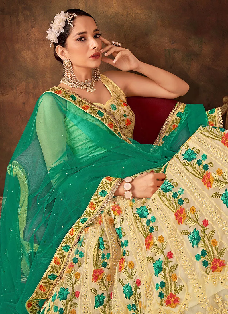 Cream And Green Multi Embroidery Wedding Lehenga Choli And Dupatta