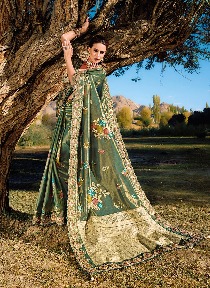 Dark Green Embroidery Banarasi Silk Saree
