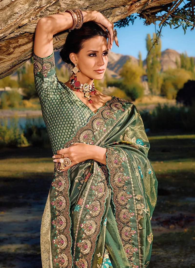 Dark Green Embroidery Banarasi Silk Saree