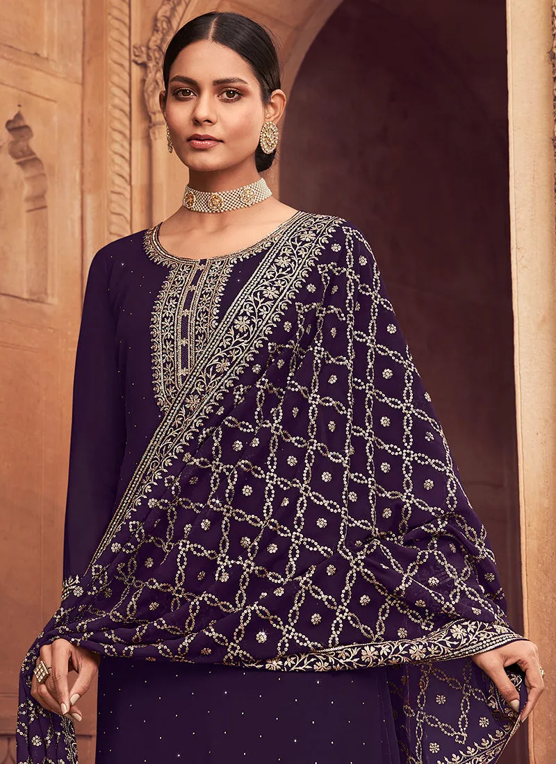 Dark Purple Sequence Embroidery Festive Pant Style Suit