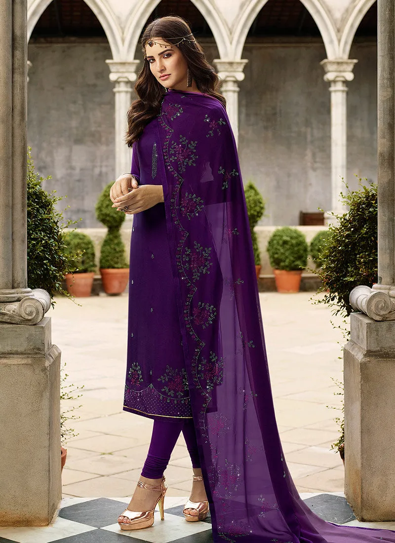 Deep Purple Crystal Embroidered Churidar Suit