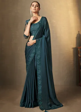 Deep Turquoise Traditional Embroidery Festive Saree