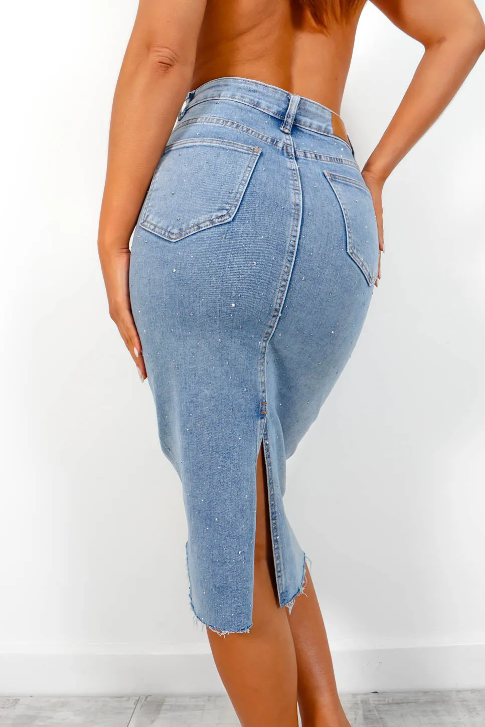 Denim The Spotlight - Light Blue Diamante Denim Midi Skirt