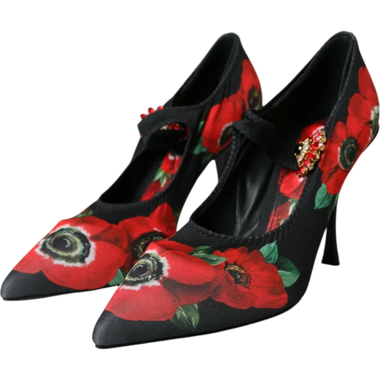 Dolce & Gabbana Black Floral Crystal Mary Jane Pumps Shoes