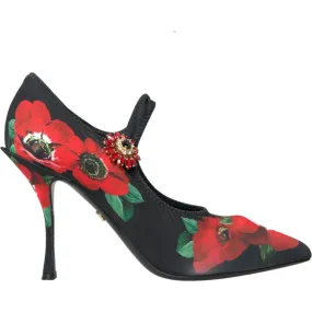 Dolce & Gabbana Black Floral Crystal Mary Jane Pumps Shoes
