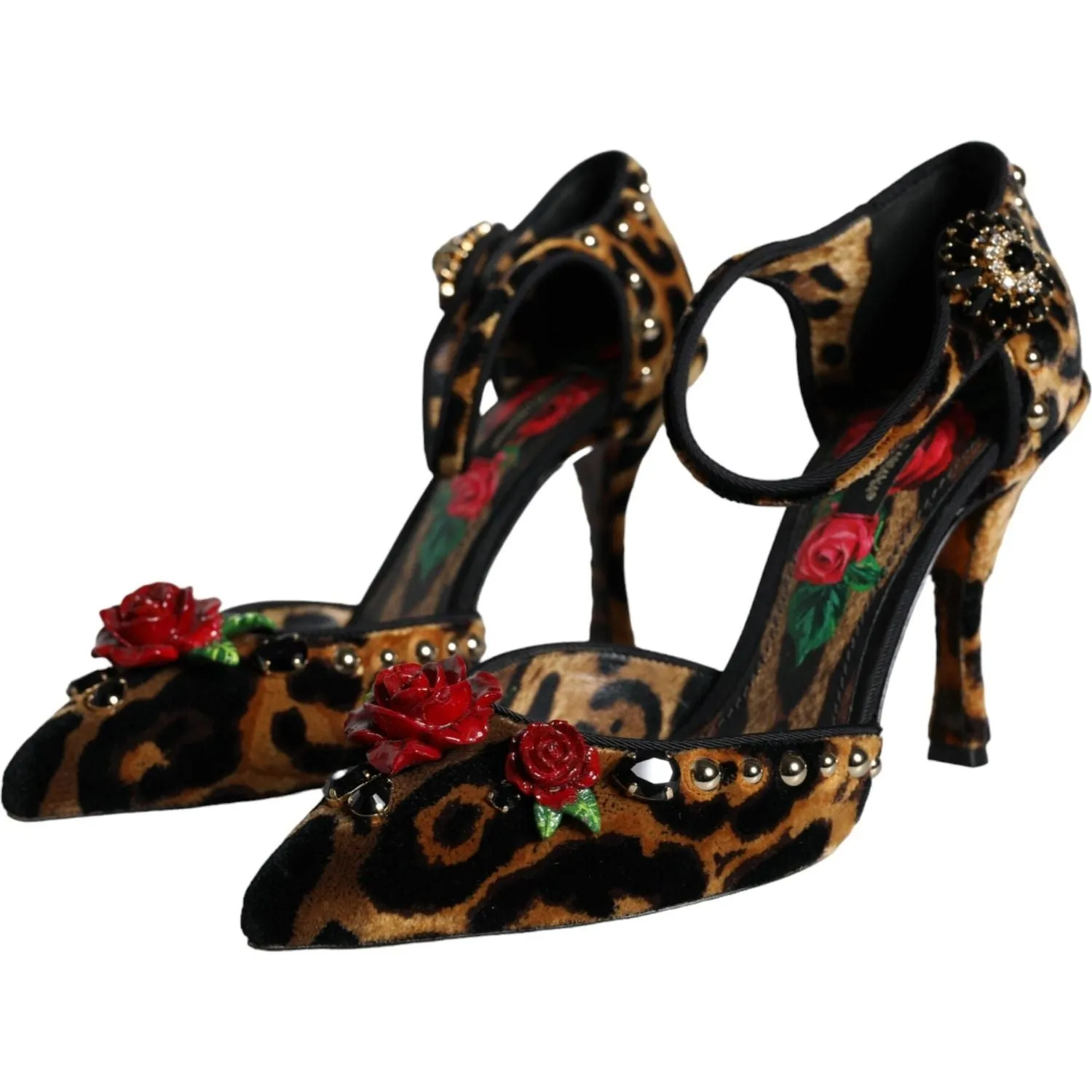 Dolce & Gabbana Brown Leopard Floral Crystal Ankle Strap Pumps Shoes